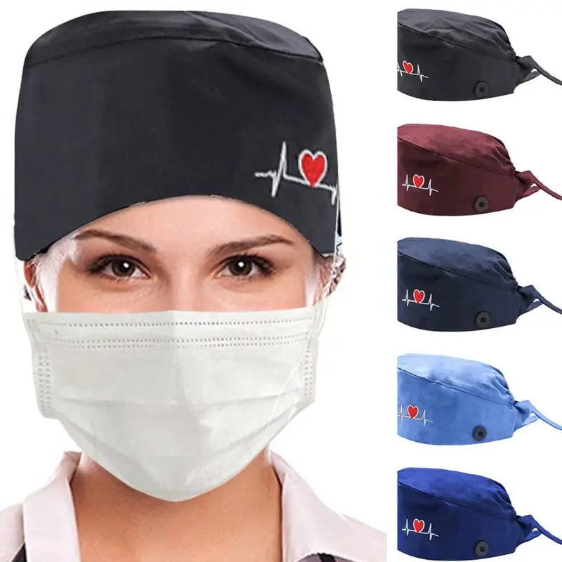 

Heart Electrocardiogram Embroidery Protect Ears Scrub Hat Unisex Adjustable Bouffant Working Cap with Buttons