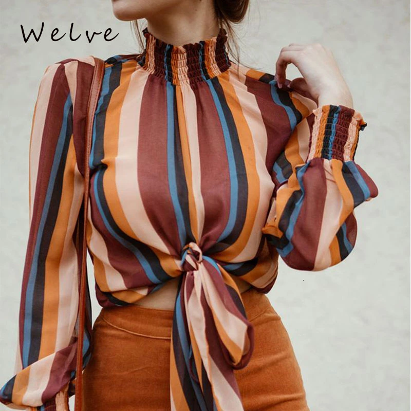 Welve Женская полосатая блузка рубашка сексуальная Осенняя с длинным рукавом