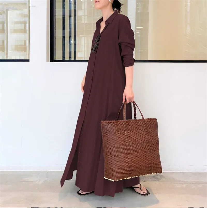 

Black green red casual loose cotton linen dress Plus size maxi dresses Women autumn long sleeve turn-down collar shirt dress