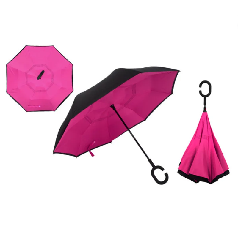 Rose Ветрозащитный обратный складной двухслойный перевернутый Chuva зонтик самостоящий наизнанку защита от дождя c-крюк руки для автомобиля - Цвет: Rose