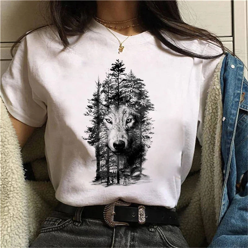 

New Summer Wolf Printed Tshirt WomEn Cartoon Graphic Tee Anime Harajuku 90s Tshirt Ullzang Female Streetwear Tops 29370