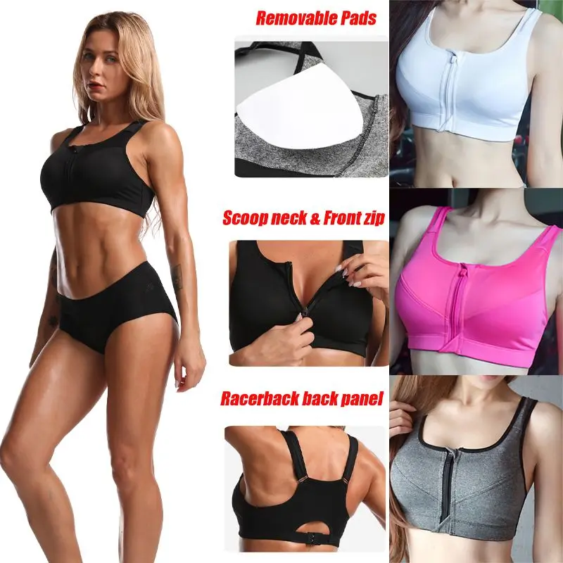 

High Quality Breathable Tops Seamless Women Sports Yoga Fitness Gym Bras Wirefree Shockproof Zipped Padded Running Jogging Vests
