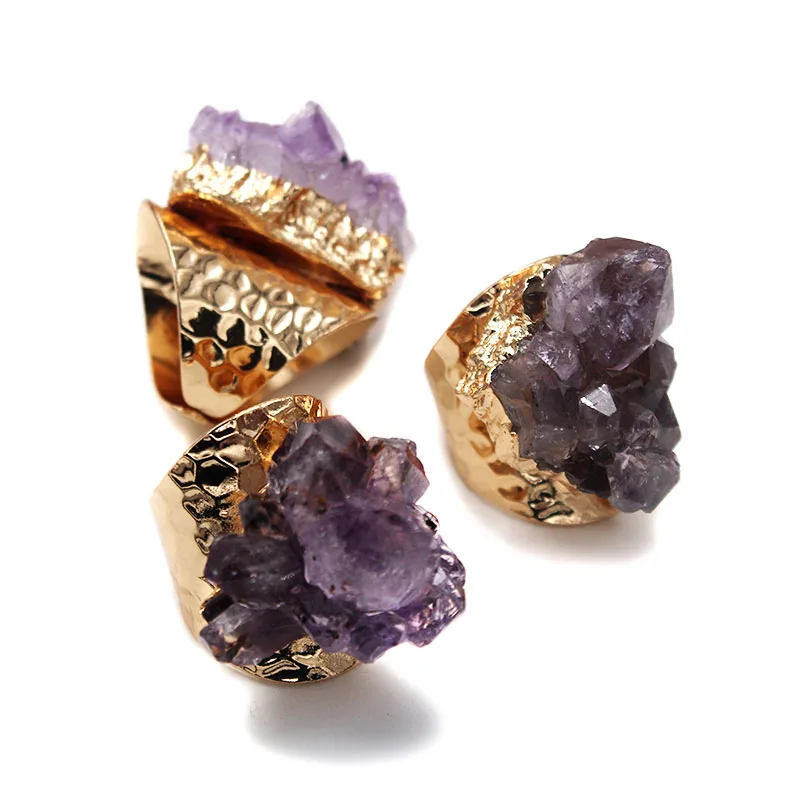 

Natural Reiki Healing Amethysts Jades Quartz Stone Rings For Women Gifts Knuckles Finger Ring Gold Color Adjustable Rings 1PCS