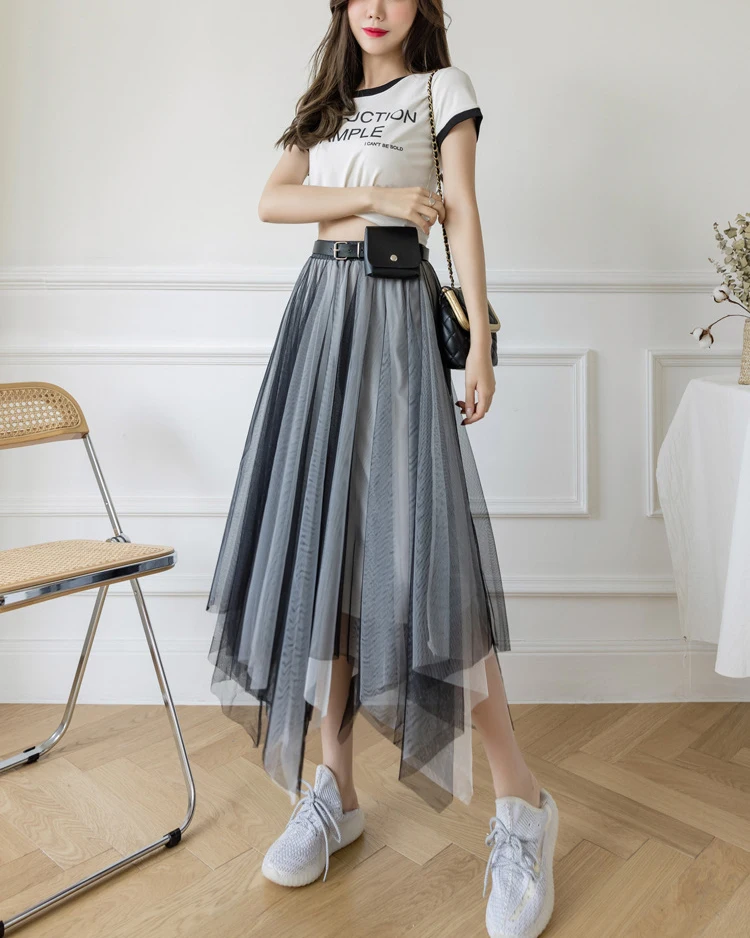 

Women Midi Tulle Skirts Casual High Waist Asymmetrical Layered A-Line Tutu Skirt with Belt Bag