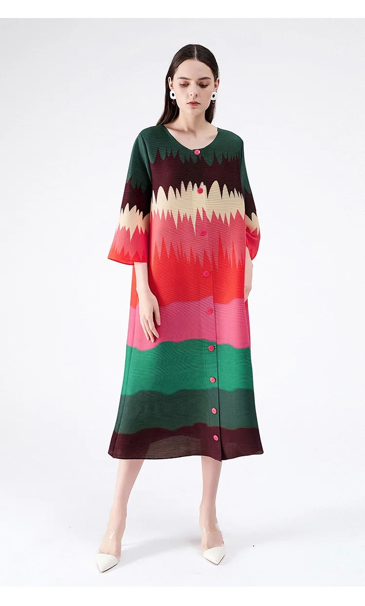 HOT SELLING  Miyake fashion fold dress 7 minutes of sleeve Color stripes single-breasted dress IN STOCK