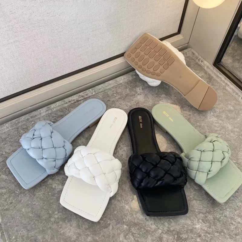 

New Fashion Weave Slippers Women Square Toe Flat Casual Shoes Women Slide Summer Flip Flops Beach Sandal Slipper Big size41