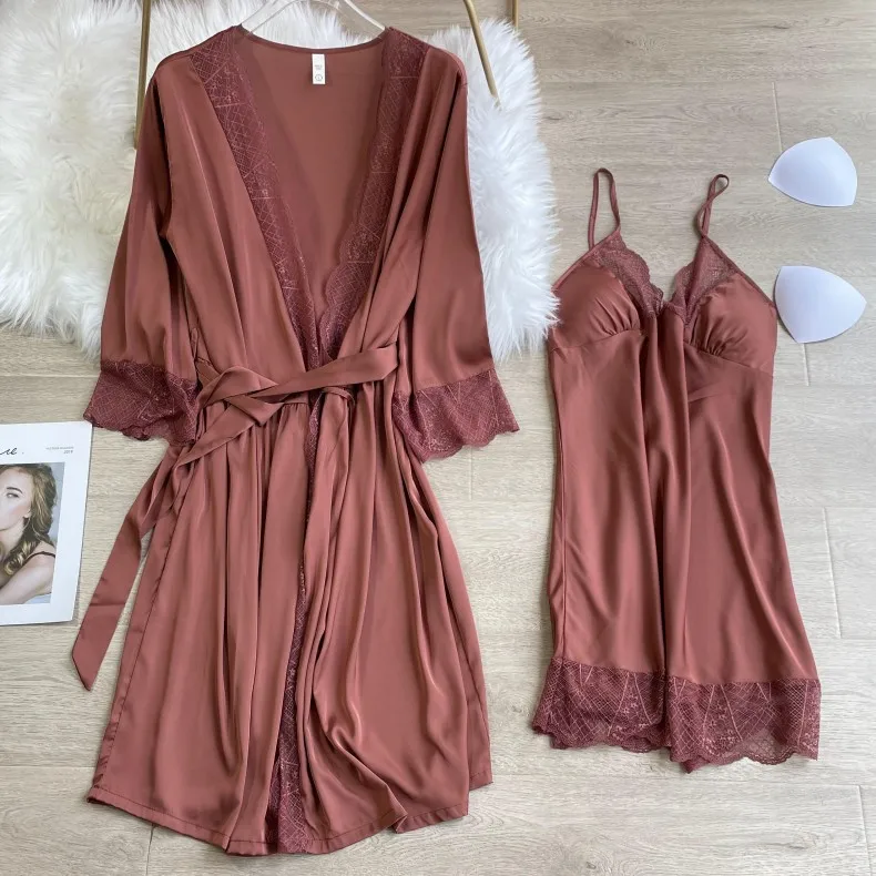 

Sexy Sleepwear Lace Twinset Robe Set Lady Strap Nightgown V-Neck Intimate Lingerie Summer Rayon Kimono Bath Gown Loose Nightwear