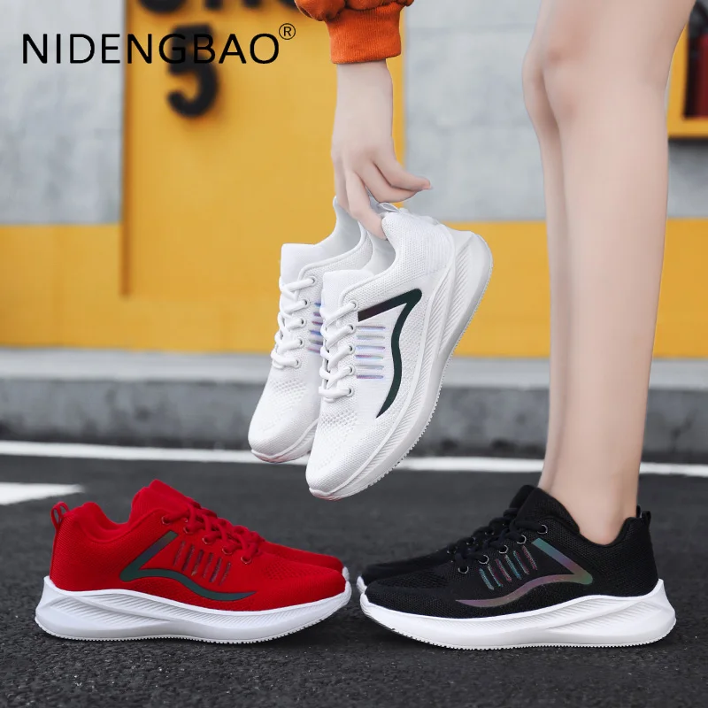 Running Shoes For Women 2021 Fashion Reflective Sneakers Fly Woven Breathable Lightweight Marathon Athletic Trainers Size 35-42