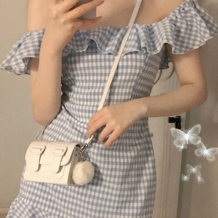 

Women Fresh Korean Plaid Sexy Off Shoulder Dress Empire Simple Ladies Summer Femme Trumpet Vestidos Ruffles Party Club Sundress