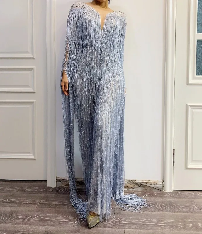 2020 серебристо-серый комбинезон Стразы с бахромой для празднования дня рождения