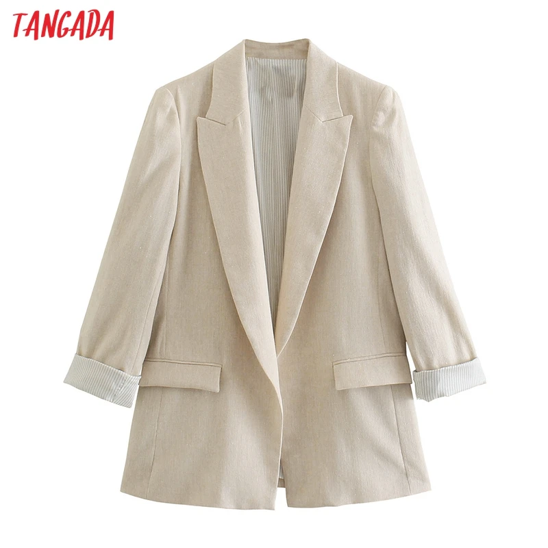 

Tangada Women Solid Blazer Coat Vintage Notched Collar Pocket 2021 Fashion Female Casual Chic Tops JE211