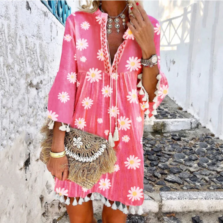 

WEPBEL Tassled Dress Loose Printed Bohemian Mini Dress Casual Chrysanthemum Tassles Summer Fashion V Neck