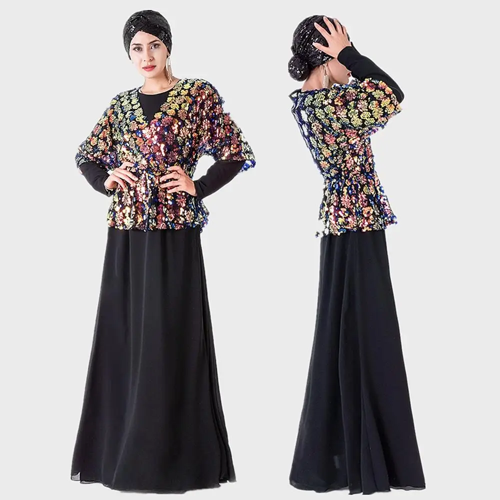 

Фантом виноградный цветок Высокая плотность блестки вышивка двойные Длинные рукава платья абайя мусульманское платье Кафтан Дубай Рамада...