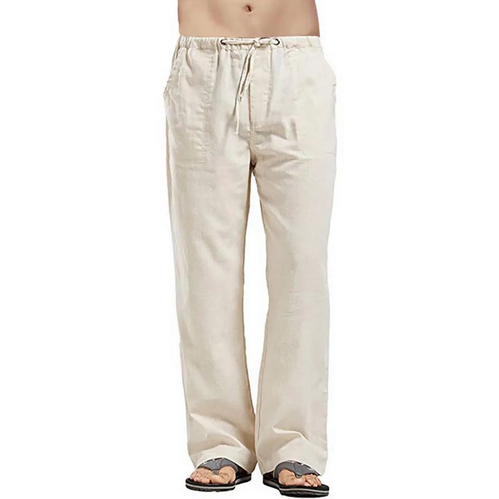 

2021Summer Men Solid Color Linen Multi-pocket Straight Casual Pants Plus Large Size Breathable Comfortable Drawstring Loose Trou