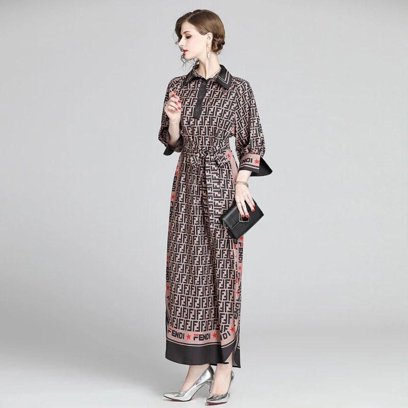 

Long Dress Women Elegant Robe Spring Fall Lettered Printed Beach Dresses Boho Casual Party Shirt Collar Loose Maxi Shirt Dress