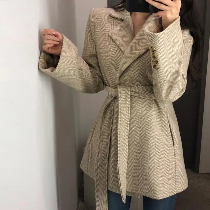 Women Autumn Winter Luxury Wool Blends Sash Waisted Slim Coats Elegant Plaid Printed OL Suits Vintage Chic Outfits | Женская одежда