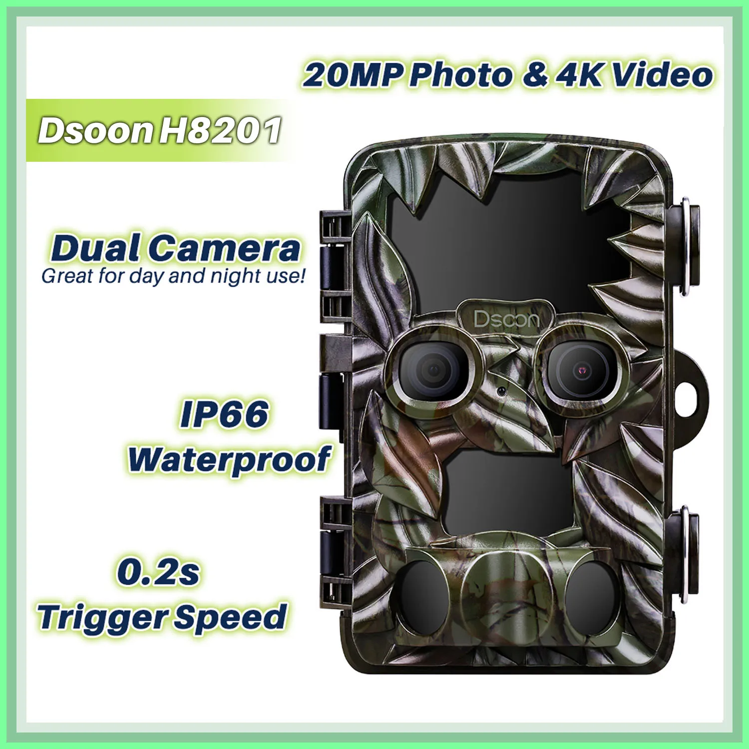 

Охотничья камера Dsoon H8201 20 МП 4K, тропа для диких животных, двойная камера ночного видения, водонепроницаемые инфракрасные фотоловушки для ди...