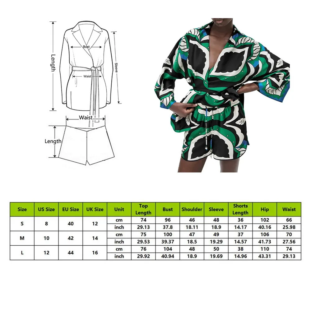 

Shorts Woman Summer 2021 Green Print High Waist Short Pants Women Vintage Loose Casual Streetwear Shorts Sets