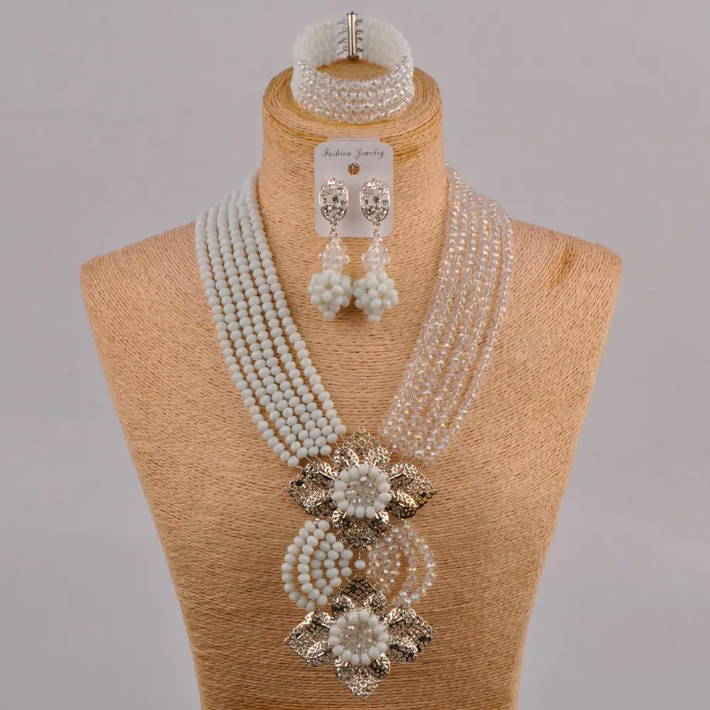 

Beautiful White Transparent Crystal Beaded Necklaces Costume Nigerian Wedding African Beads Jewelry Set for Women 6CHL