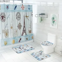 Plank Stripes Fabric Bathroom Shower Curtain Durable Bath Curtains Set Toilet Lid Cover Floor Mat Non Slip Carpet Bath Rugs