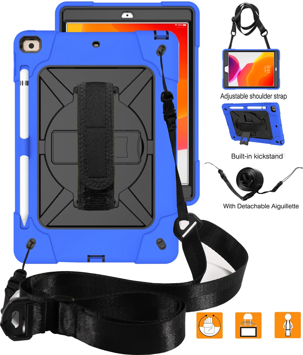 blue black Чехол для планшета для iPad 10,2 7-го поколения 10,", детский сверхпрочный защитный чехол, вращающаяся подставка/ремешок на руку+ плечевой ремень - Цвет: blue black