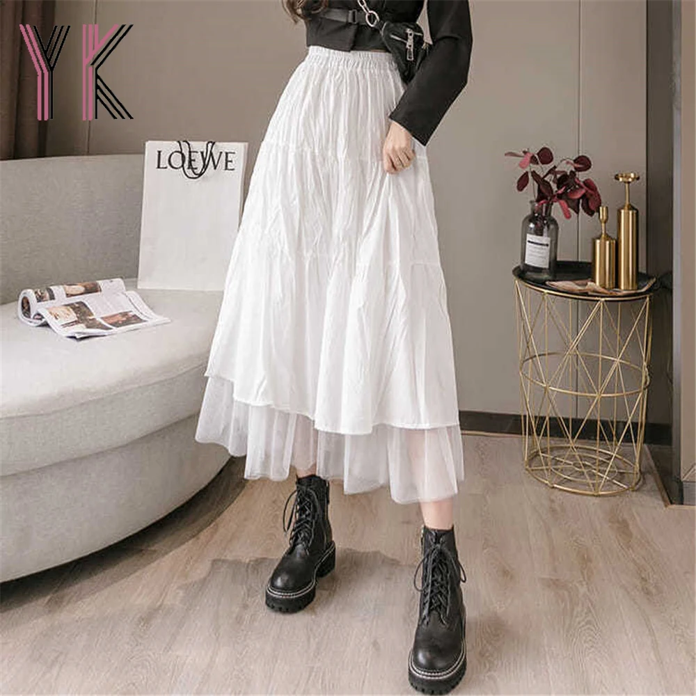 

Юбка женская плиссированная средней длины, милая элегантная длинная сетчатая юбка-трапеция в стиле Харадзюку, белая Свободная юбка для под...