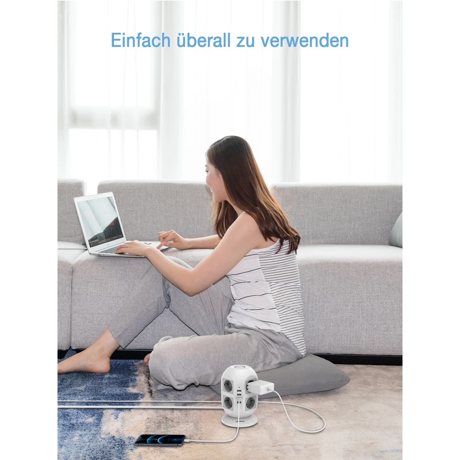 

TESSAN Multi Outlets EU Power Strip Tower with On/Off Switch 8 Oultets 4 USB Extension Socket 2M/6.5ft Wire 110~250V 2500W