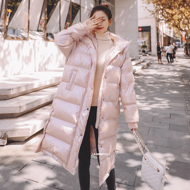 

Розовый пуховик с хлопковой подкладкой, женская зимняя куртка средней длины, новинка 2021, корейское Свободное пальто выше колена с хлопковой...