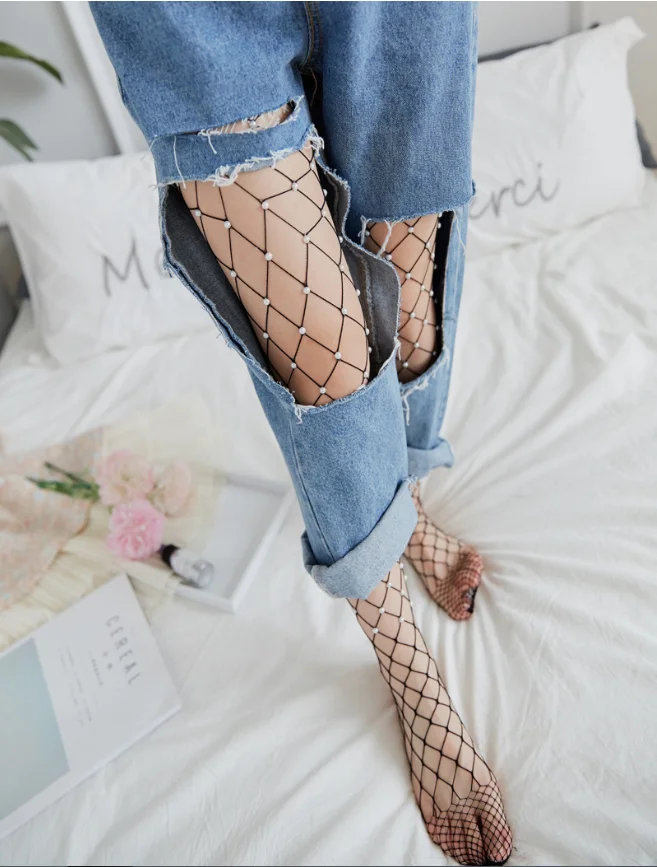 Сексуальные дизайнерские высококачественные колготки в сеточку с жемчугом и