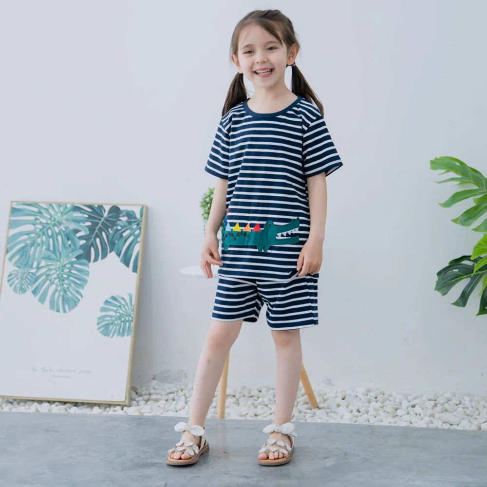 

Hollead 2021 Summer Stripe Sets Kids Cartoon Crocodile Print Tshirt+Short 2Pcs/Sets Baby Girl Cotton Clothes Casual Homewear