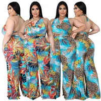 european and american plus size womens fat clothes 5xl fashion print bandage v neck open back fake two piece wide leg jumpsuit
