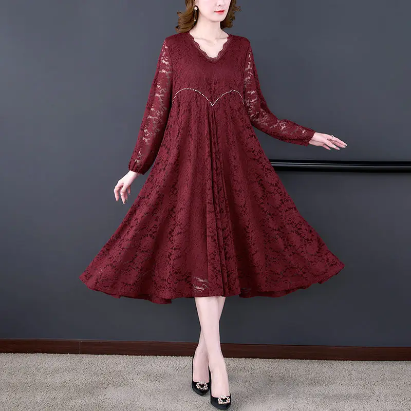 

Женское кружевное платье средней длины, платье с V-образным вырезом и длинным рукавом, модель M2163 в Корейском стиле на весну, 2022