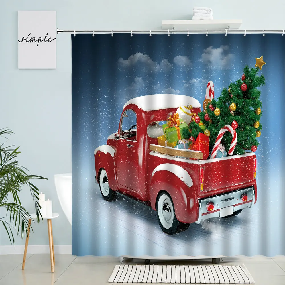 

Занавеска для душа «Merry Christmas», забавная красная автомобиль, Рождественская елка, праздничный подарок, Снежная декорация, ванная комната с к...