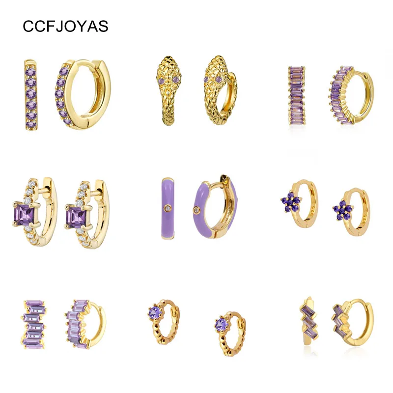 CCFJOYAS высокого качества 925 стерлингового серебра маленькие серьги-кольца для женщин фиолетовый Цвет Циркон Золотые круглые серьги, модное ю...