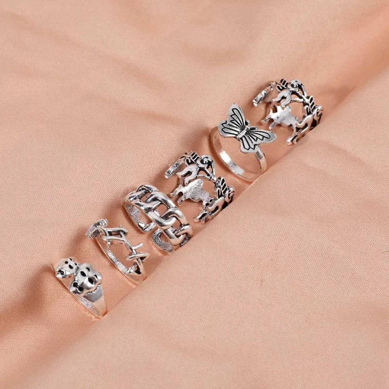 

6pc/set Heart Butterfly Free Size Vintage Silver Plated Wing Ring Skull Exaggerated Joint Ring Women's Gothic Punk Party Jewelry