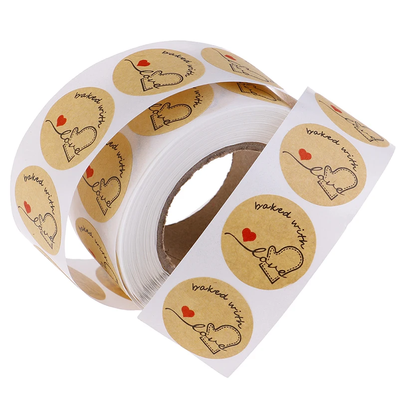 

500 Labels Per Roll Cute Stickers For Seal Labels Handmade Sticker Round Natural Kraft Baked With Love Stickers
