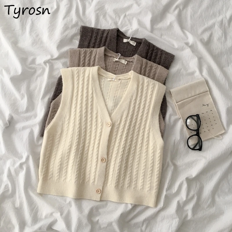 

Knitted Vests Women Design V-neck Twist Single Breasted Waistcoats Casual All-match Loose Solid Cropped Sleeveless Coats Student