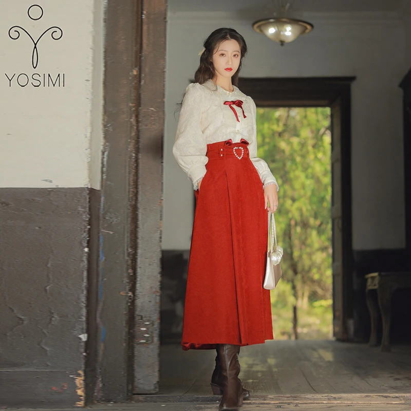 

YOSIMI Two Piece Sets Suit Women Dress 2021 Autumn Vintage Full Sleeve Beige Lace Shirt and Long Skirt Orange Women Skirt Set