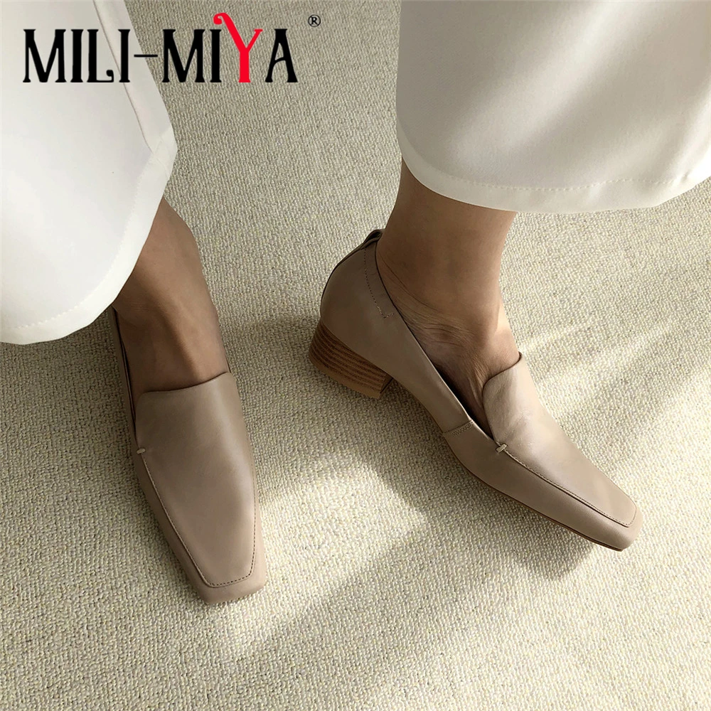 

MILI-MIYA Fashion Square Toe Design Women Full Genuine Leather Pumps Thick Heels Casual Slip On Spring Autumn Shoes Size 34-40