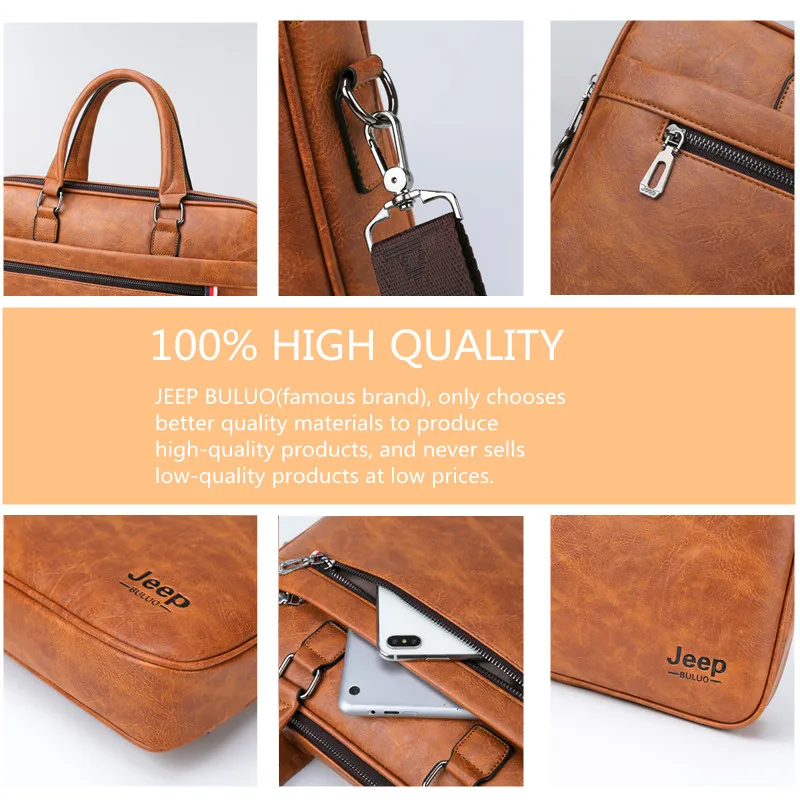 JEEP BULUO High Quality office Business Leather Shoulder Messenger Bags Famous Brand Men's Briefcase Bag  Travel 14'Laptop Tote