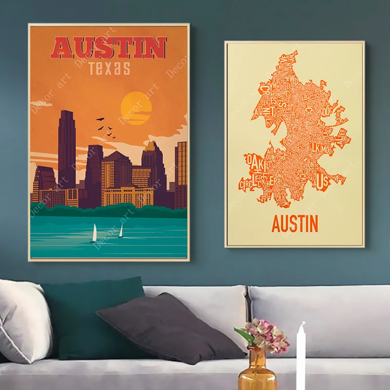 Карта Америки Даллас Остин Техас путешествия холст картины винтажные крафт