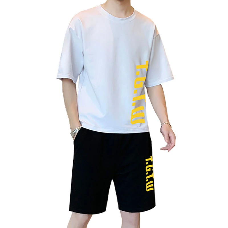 

SummerShort Sleeve T-Shirt Men Casual Suit Polymer Clay Hip Hop Korean Style Handsome Boy Wear Clothes Stamped Letters Set