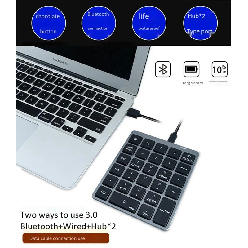 

Aluminium Alloy 28 Keys Bluetooth Numeric Keyboard Portable Keypad with USB Hub Splitter for iPad for Phone