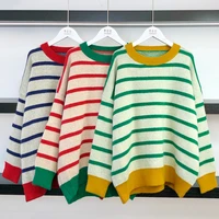duofan womens japanese striped contrast sweater knitted pullover autumn top long sleeve jumper chic casual christmas sweaters