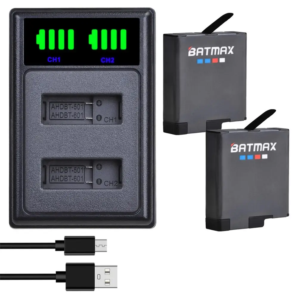 Аккумулятор Batmax для экшн-камеры Gopro 6 AHDBT-601 +, светодиодная подсветка, USB, двойное зарядное устройство для Gopro 5, Gopro 6, Gopro 7, Gopro hero 8