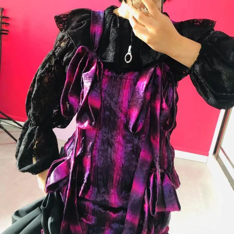 

[EAM] Women Purple Irruglar Striped Ruched Bandage Bow Straps Dress New Loose Fit Fashion Tide Spring Autumn 2021 1DD6776