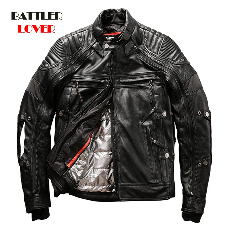 

4-Pieces Suit Professional Motorcycle Genuine Leather Jacket For Men 2021 Slim Fit Cowskin Biker Coats Male Removable Overcoat
