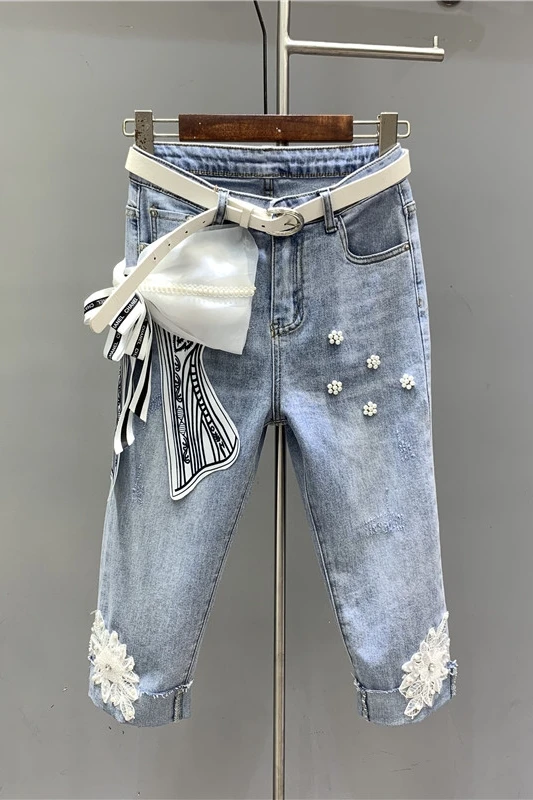 

Women Y2K Bowknot Beaded Three-Dimensional Flower Blue Cropped Jeans Feminino Sweet Straight Leg Thin Denim Pants for Women