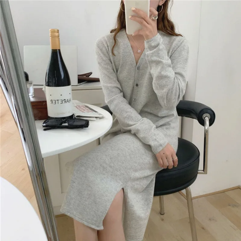 

HziriP 2021 Winter Women Maxi Knitted Dress Solid All Match Casual V-Neck Straight Split Elegant Gentle Female Office Lady