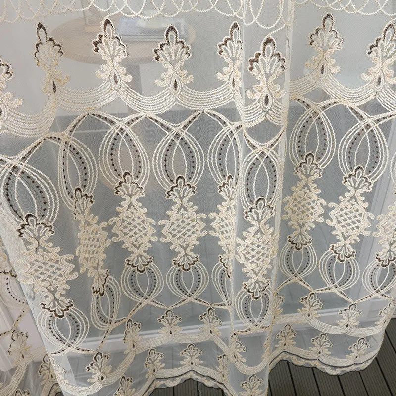 

European Gold Thread Embroidered Beige Tulle Curtains Luxury Sheer curtain Finished Voile Drapes For Living Room Bedroom Cuostom